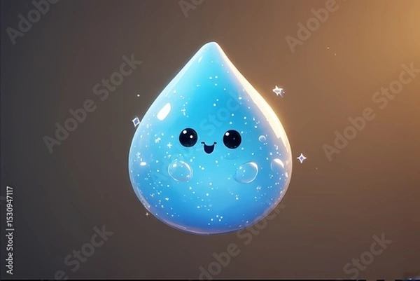 Obraz Chubby raindrop in soft blue with big eyes and sparkles inside — floating like jelly.