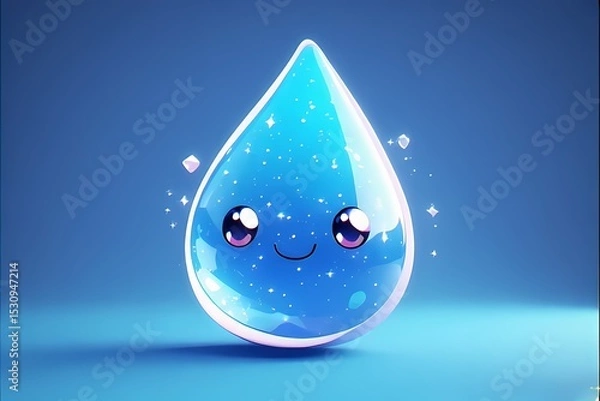 Obraz Chubby raindrop in soft blue with big eyes and sparkles inside — floating like jelly.