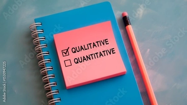 Fototapeta Person selecting between qualitative and quantitative written on sticky notes, symbolizing decision-making in research
