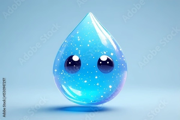 Obraz Chubby raindrop in soft blue with big eyes and sparkles inside — floating like jelly.