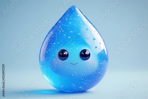 Obraz Chubby raindrop in soft blue with big eyes and sparkles inside — floating like jelly.
