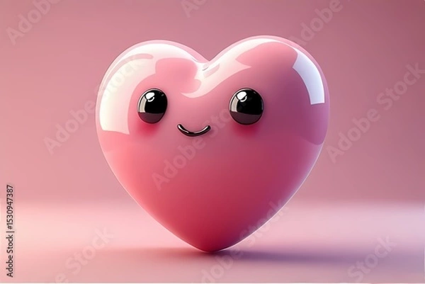 Obraz Puffy heart shape with glossy blush pink finish and smiling eyes — softly inflated like a balloon
