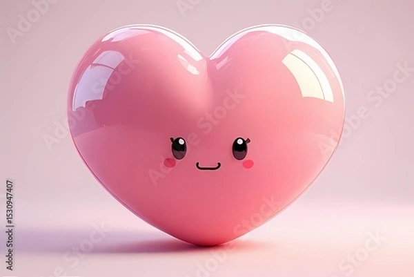 Obraz Puffy heart shape with glossy blush pink finish and smiling eyes — softly inflated like a balloon