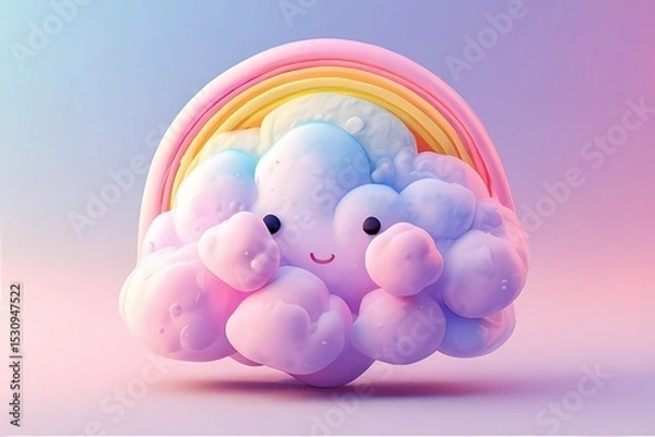 Obraz Bubbly cloud shape with soft shadow and pastel rainbow peeking behind — happy and dreamy
