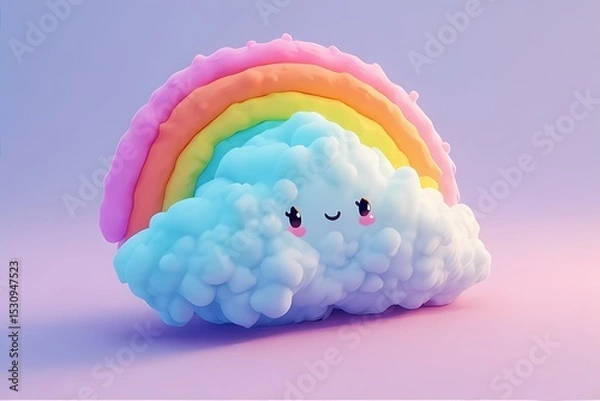 Obraz Bubbly cloud shape with soft shadow and pastel rainbow peeking behind — happy and dreamy