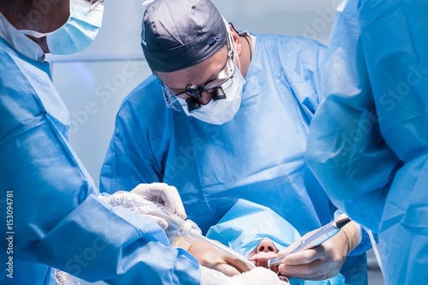 Fototapeta Męski dentysta w jednolitym operacji implantacji dentystycznej u pacjenta w biurze stomatologii.