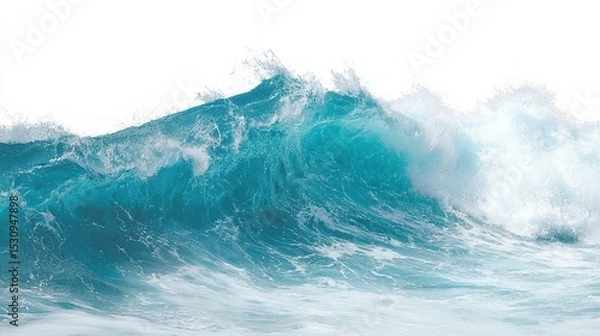 Fototapeta Isolated sea wave on white background, featuring dynamic water movement, natural motion, and blue color as abstract element.