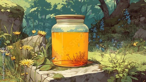 Fototapeta A glass jar filled with golden honey resting on a stone amidst vibrant wildflowers in a serene forest