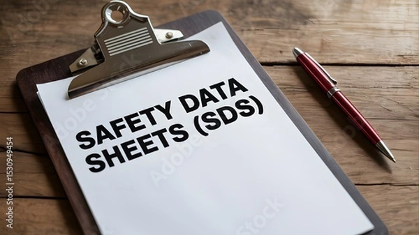 Fototapeta Safety Data Sheets (SDS) written on paperwork placed on a wooden table, symbolizing chemical safety and compliance

