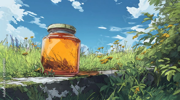 Fototapeta A glass jar of honey sits on a stone ledge surrounded by vibrant flowers under a blue sky