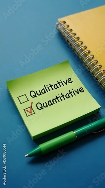 Fototapeta One person deciding between qualitative and quantitative written on sticky notes, illustrating analytical thinking

