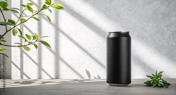Fototapeta Minimalist Matte Black Beverage Can in Sunlight with Green Leaves Modern Drink Packaging Mockup for Branding and Product Design