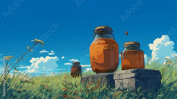 Fototapeta Three jars of honey basking in sunlight on a grassy field under a bright blue sky