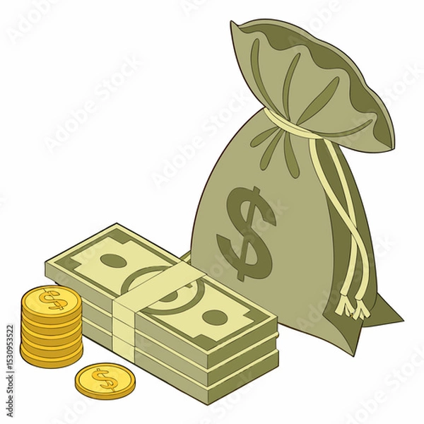 Fototapeta 3D Money icon. Rendering with green dollar bills and gold coins. Managing finances, budget, income and expenses. Wealth and Profit. Realistic vector illustration in plasticine .