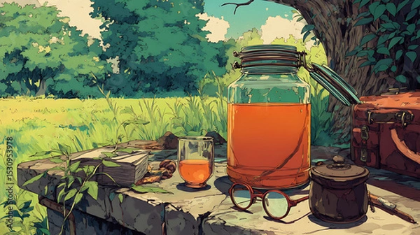 Fototapeta A tranquil outdoor scene featuring a jar of orange drink and glasses on a stone table, surrounded by lush greenery