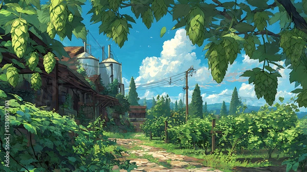 Fototapeta Serene countryside vineyard with lush greenery, distant hills, and a clear blue sky