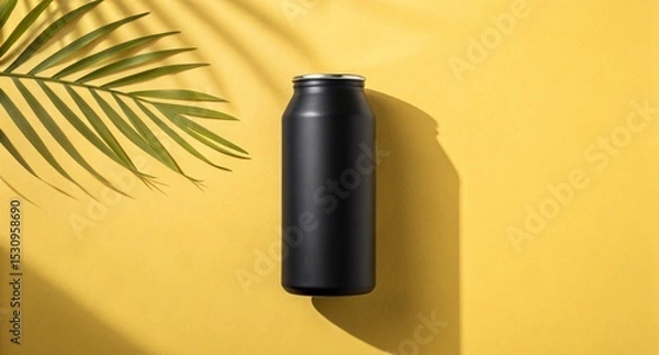 Fototapeta Matte Black Can on Vibrant Yellow Background with Palm Shadow Tropical Beverage Packaging Mockup for Summer Branding Designs