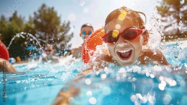 Obraz Summer Children Splashing in Swimming Pool: Joyful Moments, Vibrant Scenes, and Refreshing Summer Background Imagery