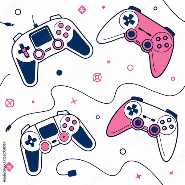 Fototapeta Game seamless pattern. Repeating design element for printing on fabric. Bright and neon controllers set. Minimalist creativity and art. Video game and .