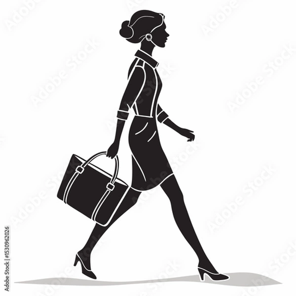 Fototapeta Silhouette of a fashionable woman walking in heels holding a handbag, minimal graphic style, isolated on white background. Concept of elegance and fashion. Vector .