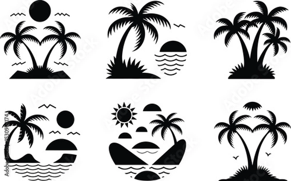 Obraz Tropical Island Vector Set, Palm Tree Silhouettes with Sun, Ocean Elements illustration