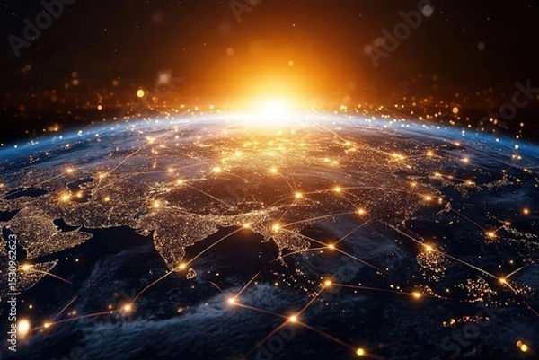 Fototapeta Global Network Connectivity Viewed from Space