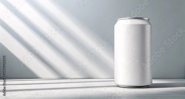 Fototapeta Minimal White Beverage Can with Sunlight Shadows Clean Drink Packaging Mockup for Modern Branding and Product Label Presentation