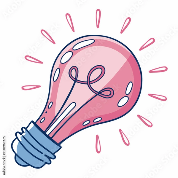 Fototapeta Glossy pink light bulb with blue base and glowing elements on clean white background, symbolizing creativity, innovation and bright ideas. Soft 3d vector .