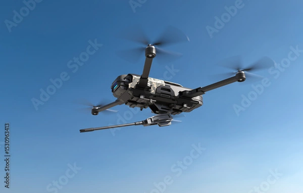 Fototapeta Armed drone firing in the sky, Futuristic aerial attack drone. 3D illustration