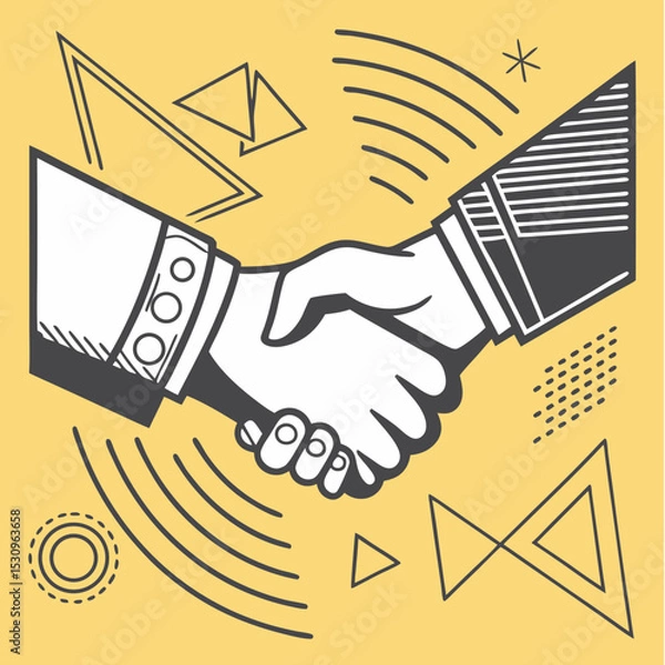 Fototapeta Two hands clasped in a firm handshake, stylized in grayscale with abstract geometric elements on a vibrant yellow background. Concept of support and partnership. Vector .