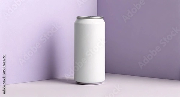 Fototapeta Matte White Can on Purple Background Minimalist Drink Packaging Mockup for Branding, Beverage Label Design, and Product Presentation