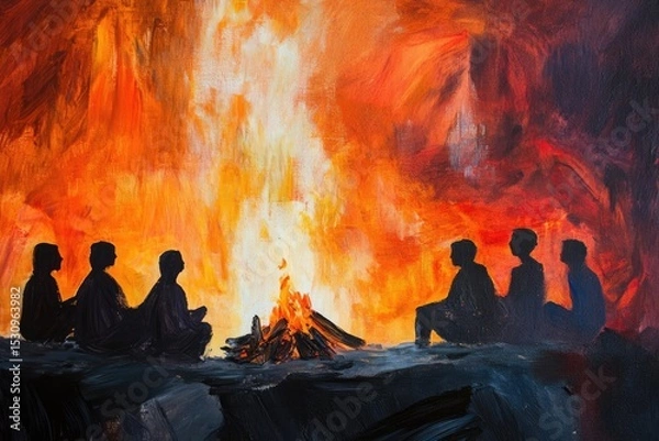 Obraz Silhouettes of People Gather Around a Campfire in a Vibrant Abstract Painting