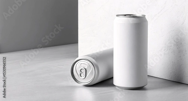 Fototapeta Minimalist White Beverage Can Mockup on Grey Background Clean and Elegant Packaging Design for Drink Branding and Product Display