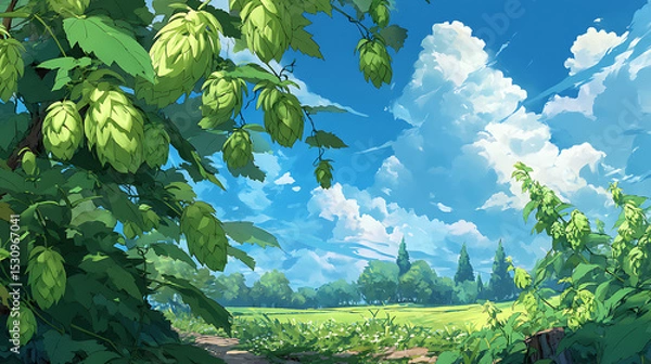 Fototapeta Lush hop garden under a bright blue sky with fluffy clouds and distant trees, evoking serenity