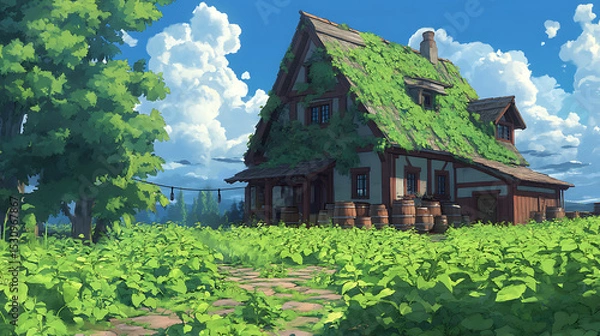 Fototapeta Lush green farmhouse surrounded by vibrant foliage and a clear blue sky with fluffy clouds