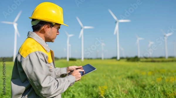 Fototapeta Engineer inspects wind turbines using tablet in open field