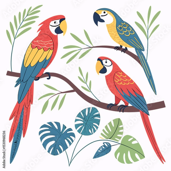 Fototapeta Colorful parrots set. Collection of exotic and tropical birds with bright feathers and beak. Wildlife of jungle and tropical forest. Cartoon flat vector illustrations isolated on white .