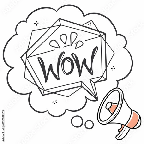 Fototapeta Hand drawn speech bubble. Abstract sticker with geometric shape and text. Irregular frame or thought cloud with quote. Wow lettering. Flat vector illustration in doodle .