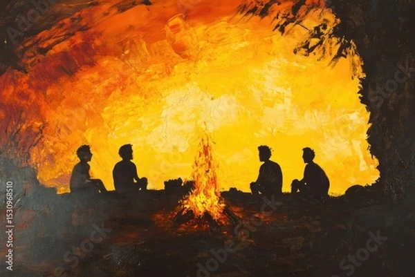 Obraz Silhouettes of People Gather Around a Campfire in a Vibrant Abstract Painting