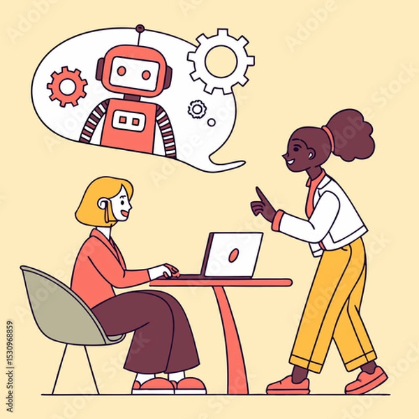 Fototapeta Meeting with robot concept. Artificial intelligence and machine learning. Men and women communicate and chatting with chat bot. Virtual helper and assistant. Cartoon flat vector .
