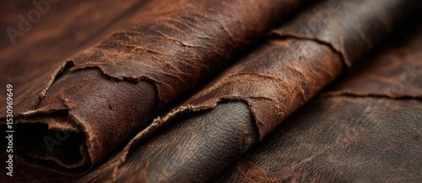 Fototapeta Two rolls of weathered leather resting on wood