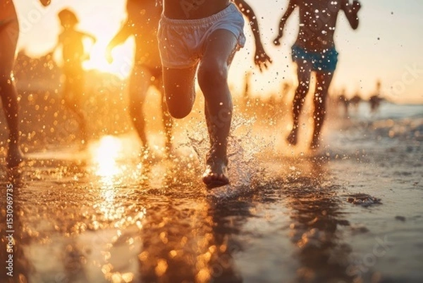 Obraz Children splashing in the golden light of the ocean waves