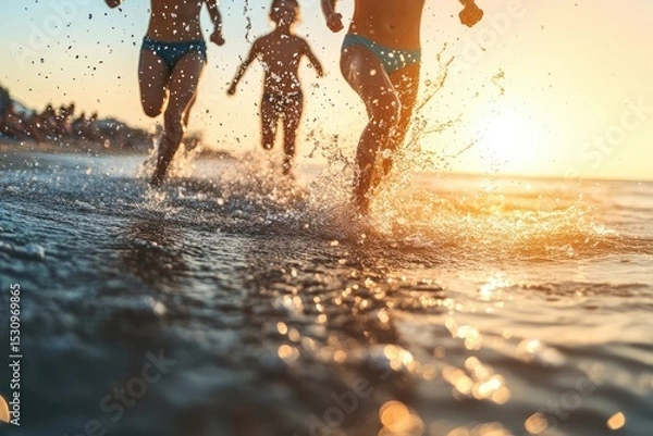 Obraz Children splashing in the golden light of the ocean waves