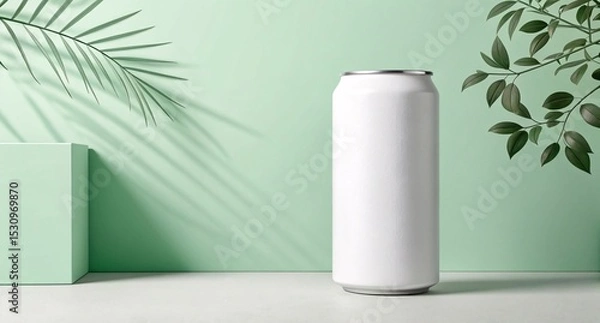 Fototapeta Minimal White Beverage Can on Green Background Clean and Fresh Mockup for Modern Packaging Design, Branding, and Product Presentation