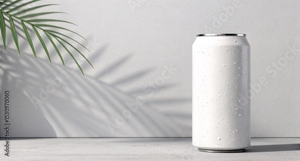 Fototapeta White Beverage Can Mockup with Tropical Shadow Minimalist Drink Packaging Design for Refreshing Soda, Juice, or Sparkling Water Branding