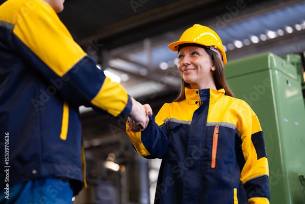 Fototapeta Unity and teamwork. People shaking hands on business agreement. Successful hand shaking after good deal. Professional Mechanical Engineer team Working at factory industrial facilities. Celebrate