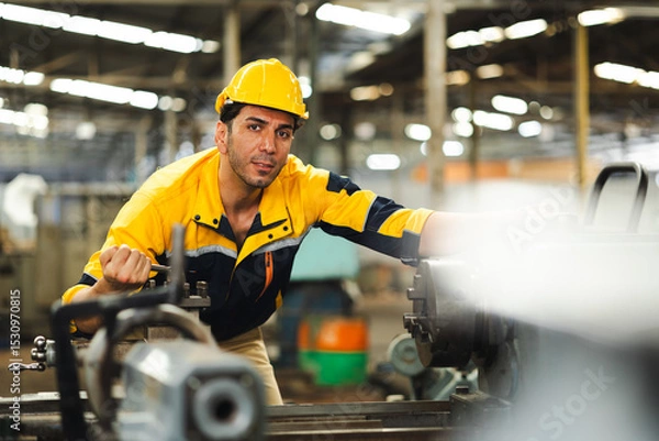 Fototapeta Working : Hispanic latin male worker. Professional Mechanical Engineer worker wearing safety hard hat helmet Working at Heavy industrial manufacturing factory. Engineer Operating Machinery