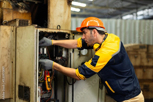 Fototapeta Working : Hispanic latin male worker. Professional Mechanical Engineer worker wearing safety hard hat helmet Working at Heavy industrial manufacturing factory. Engineer Operating Machinery