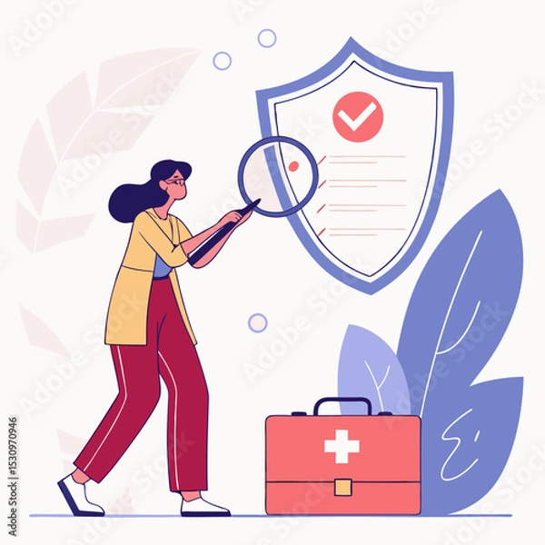 Fototapeta Female character examining health insurance checklist with magnifier, shield and medical kit on abstract background. Concept of healthcare policy. Vector
