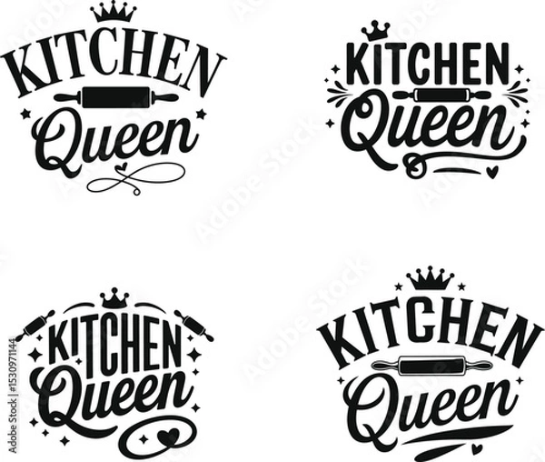 Obraz Kitchen Queen Typography Vector Set with Rolling Pin, Crown, Design for poster, flyer, banner, menu café. Hand drawn, calligraphy quote text 